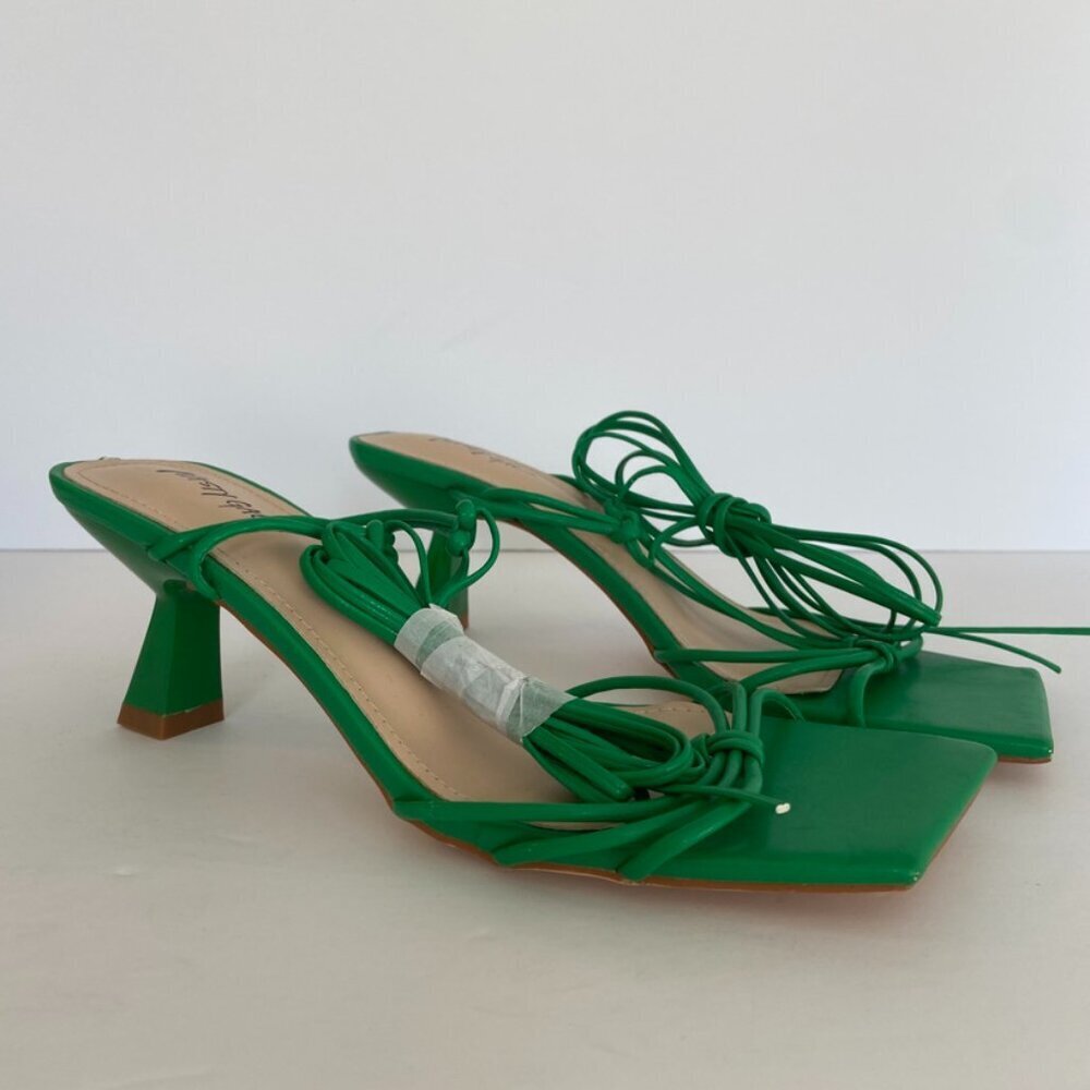 Nasty Gal Green Skinny Strap Square Toe Ankle Tie Midi Heels - Picture 3 of 9